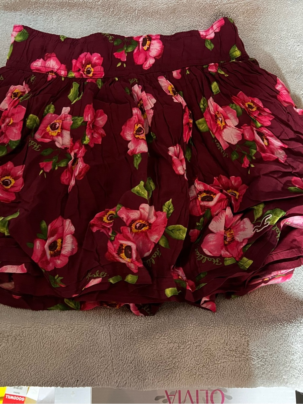 Hollister Burgundy Floral Mini Skirt with Pink Flowers